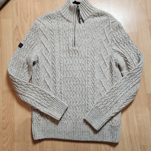 Superdry Wool Blend 1/4 Zip Cable Knit Sweater Oatmeal Beige Size XL